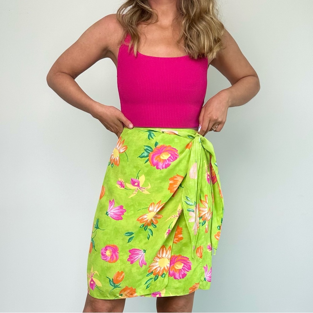 Vintage Lime Green Floral Tie Waist Wrap Skirt (M/L)